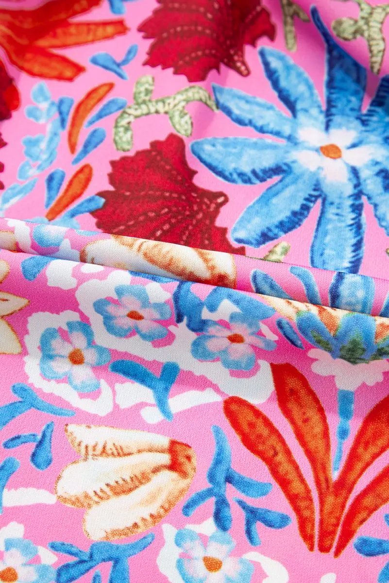 Pink Floral Print Bubble Sleeve Button Up Pleated Shirt - Love Salve